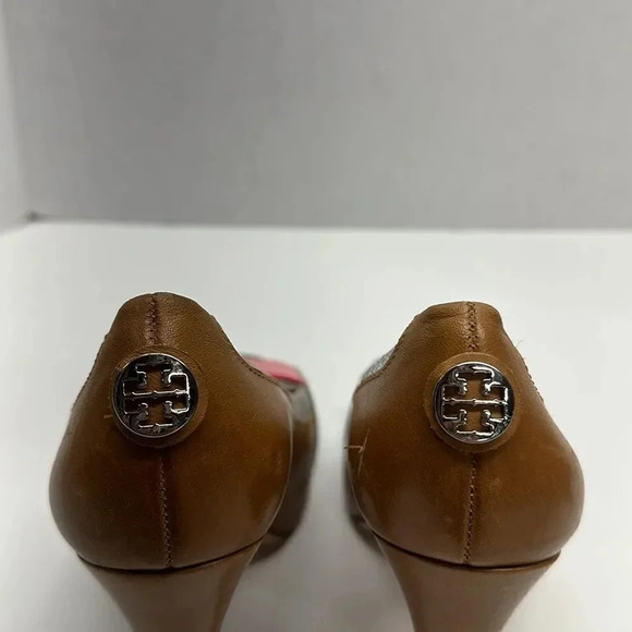 Tory Burch Runway Cluny High Heel Shoes Pumps Open Toe Leather Brown Pink 9.5 - Picture 6 of 14